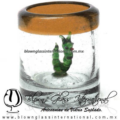 Tequilero Cilíndrico con Gusanito y Borde de Color Ámbar, Fábrica de Vidrio Soplado Artesanal, made in México - Blown Glass Factory Store Tonala, Handcraft, Handmade.