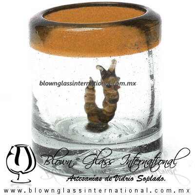 Tequilero Cilíndrico con Gusanito y Borde de Color Ámbar, Fábrica de Vidrio Soplado Artesanal, made in México - Blown Glass Factory Store Tonala, Handcraft, Handmade.