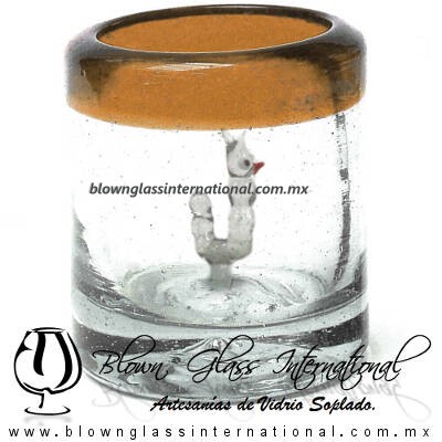 Tequilero Cilíndrico con Gusanito y Borde de Color Ámbar, Fábrica de Vidrio Soplado Artesanal, made in México - Blown Glass Factory Store Tonala, Handcraft, Handmade.