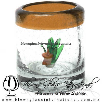 Tequilero Cilíndrico con Agave-Rancherito y Borde de Color Ámbar. Fábrica de Vidrio Soplado Artesanal, made in México - Blown Glass Factory Store Tonala, Handcraft, Handmade.