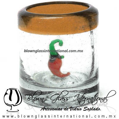 Tequilero Cilíndrico con Chile y Borde de Color Ámbar, Fábrica de Vidrio Soplado Artesanal, made in México - Blown Glass Factory Store Tonala, Handcraft, Handmade.
