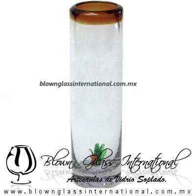 Tequilero Cilíndrico con Agave-Rancherito y Borde de Color Ámbar. Fábrica de Vidrio Soplado Artesanal, made in México - Blown Glass Factory Store Tonala, Handcraft, Handmade.