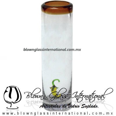 Tequilero Cilíndrico con Chile y Borde de Color Ámbar, Fábrica de Vidrio Soplado Artesanal, made in México - Blown Glass Factory Store Tonala, Handcraft, Handmade.