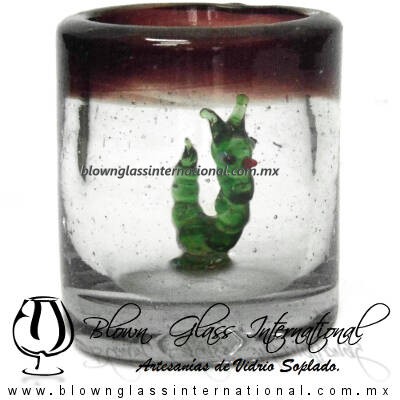 Tequilero Cilíndrico con Gusanito y Borde de Color Amatista, Fábrica de Vidrio Soplado Artesanal, made in México - Blown Glass Factory Store Tonala, Handcraft, Handmade.