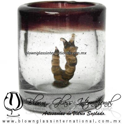Tequilero Cilíndrico con Gusanito y Borde de Color Amatista, Fábrica de Vidrio Soplado Artesanal, made in México - Blown Glass Factory Store Tonala, Handcraft, Handmade.