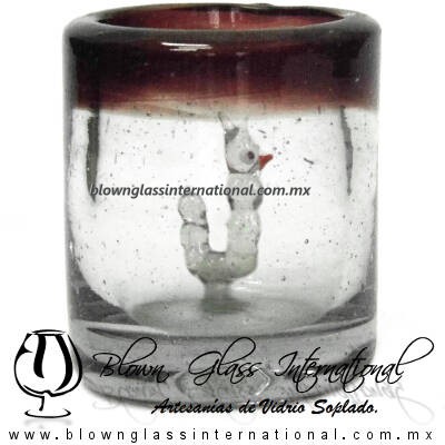 Tequilero Cilíndrico con Gusanito y Borde de Color Amatista, Fábrica de Vidrio Soplado Artesanal, made in México - Blown Glass Factory Store Tonala, Handcraft, Handmade.