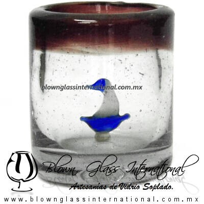 Tequilero Cilíndrico con Barco Velero y Borde de Color Amatista, Fábrica de Vidrio Soplado Artesanal, made in México - Blown Glass Factory Store Tonala, Handcraft, Handmade. Tequilero Cilíndrico con Barco Velero y Borde de Color Amatista, Fábrica de Vidrio Soplado Artesanal, made in México - Blown Glass Factory Store Tonala, Handcraft, Handmade.