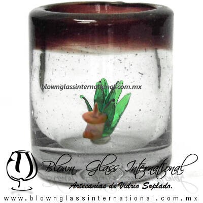Tequilero Cilíndrico con Agave-Rancherito y Borde de Color Amatista. Fábrica de Vidrio Soplado Artesanal, made in México - Blown Glass Factory Store Tonala, Handcraft, Handmade.