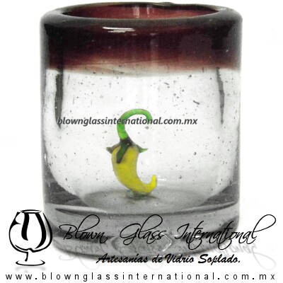 Tequilero Cilíndrico con Chile y Borde de Color Amatista, Fábrica de Vidrio Soplado Artesanal, made in México - Blown Glass Factory Store Tonala, Handcraft, Handmade.