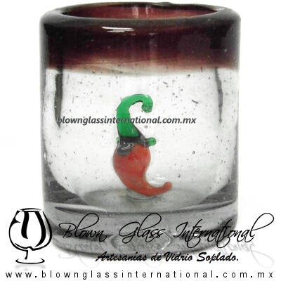 Tequilero Cilíndrico con Chile y Borde de Color Amatista, Fábrica de Vidrio Soplado Artesanal, made in México - Blown Glass Factory Store Tonala, Handcraft, Handmade.