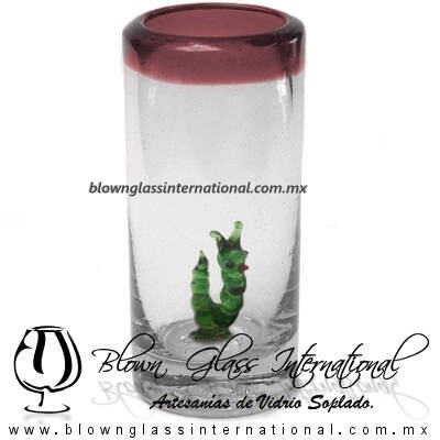 Tequilero Cilíndrico con Gusanito y Borde de Color Amatista, Fábrica de Vidrio Soplado Artesanal, made in México - Blown Glass Factory Store Tonala, Handcraft, Handmade.