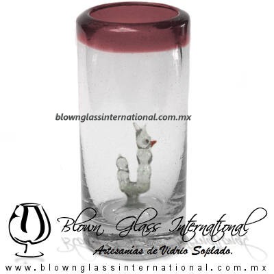 Tequilero Cilíndrico con Gusanito y Borde de Color Amatista, Fábrica de Vidrio Soplado Artesanal, made in México - Blown Glass Factory Store Tonala, Handcraft, Handmade.