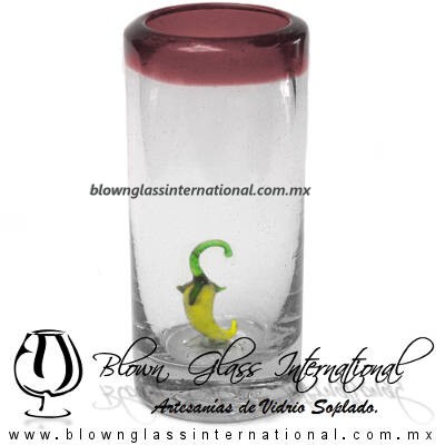 Tequilero Cilíndrico con Chile y Borde de Color Amatista, Fábrica de Vidrio Soplado Artesanal, made in México - Blown Glass Factory Store Tonala, Handcraft, Handmade.