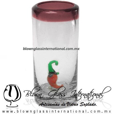 Tequilero Cilíndrico con Chile y Borde de Color Amatista, Fábrica de Vidrio Soplado Artesanal, made in México - Blown Glass Factory Store Tonala, Handcraft, Handmade.