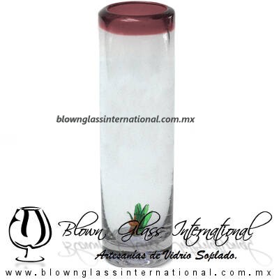 Tequilero Cilíndrico con Agave-Rancherito y Borde de Color Amatista. Fábrica de Vidrio Soplado Artesanal, made in México - Blown Glass Factory Store Tonala, Handcraft, Handmade.