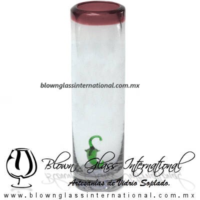 Tequilero Cilíndrico con Chile y Borde de Color Amatista, Fábrica de Vidrio Soplado Artesanal, made in México - Blown Glass Factory Store Tonala, Handcraft, Handmade.
