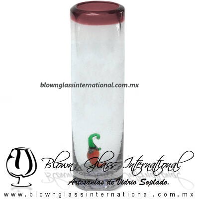 Tequilero Cilíndrico con Chile y Borde de Color Amatista, Fábrica de Vidrio Soplado Artesanal, made in México - Blown Glass Factory Store Tonala, Handcraft, Handmade.