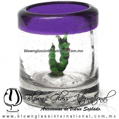 Tequilero Cilíndrico con Gusanito y Borde de Color Morado, Fábrica de Vidrio Soplado Artesanal, made in México - Blown Glass Factory Store Tonala, Handcraft, Handmade.