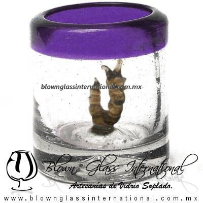 Tequilero Cilíndrico con Gusanito y Borde de Color Morado, Fábrica de Vidrio Soplado Artesanal, made in México - Blown Glass Factory Store Tonala, Handcraft, Handmade.