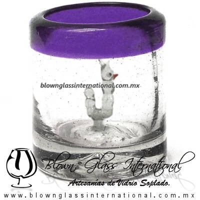 Tequilero Cilíndrico con Gusanito y Borde de Color Morado, Fábrica de Vidrio Soplado Artesanal, made in México - Blown Glass Factory Store Tonala, Handcraft, Handmade.
