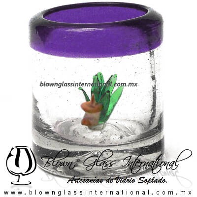 Tequilero Cilíndrico con Agave-Rancherito y Borde de Color Morado. Fábrica de Vidrio Soplado Artesanal, made in México - Blown Glass Factory Store Tonala, Handcraft, Handmade.