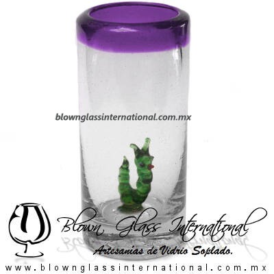 Tequilero Cilíndrico con Gusanito y Borde de Color Morado, Fábrica de Vidrio Soplado Artesanal, made in México - Blown Glass Factory Store Tonala, Handcraft, Handmade.