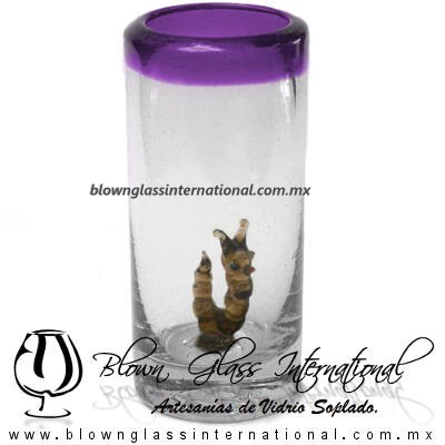Tequilero Cilíndrico con Gusanito y Borde de Color Morado, Fábrica de Vidrio Soplado Artesanal, made in México - Blown Glass Factory Store Tonala, Handcraft, Handmade.