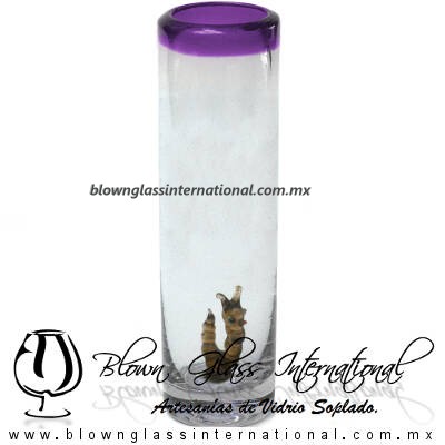 Tequilero Cilíndrico con Gusanito y Borde de Color Morado, Fábrica de Vidrio Soplado Artesanal, made in México - Blown Glass Factory Store Tonala, Handcraft, Handmade.