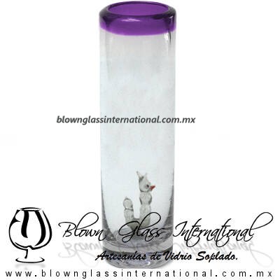 Tequilero Cilíndrico con Gusanito y Borde de Color Morado, Fábrica de Vidrio Soplado Artesanal, made in México - Blown Glass Factory Store Tonala, Handcraft, Handmade.