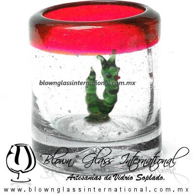 Tequilero Cilíndrico con Gusanito y Borde de Color Rojo, Fábrica de Vidrio Soplado Artesanal, made in México - Blown Glass Factory Store Tonala, Handcraft, Handmade.