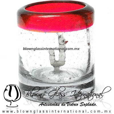 Tequilero Cilíndrico con Gusanito y Borde de Color Rojo, Fábrica de Vidrio Soplado Artesanal, made in México - Blown Glass Factory Store Tonala, Handcraft, Handmade.