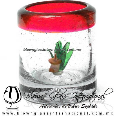 Tequilero Cilíndrico con Agave-Rancherito y Borde de Color Rojo. Fábrica de Vidrio Soplado Artesanal, made in México - Blown Glass Factory Store Tonala, Handcraft, Handmade.