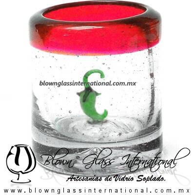 Tequilero Cilíndrico con Chile y Borde de Color Rojo, Fábrica de Vidrio Soplado Artesanal, made in México - Blown Glass Factory Store Tonala, Handcraft, Handmade.