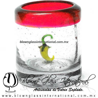 Tequilero Cilíndrico con Chile y Borde de Color Rojo, Fábrica de Vidrio Soplado Artesanal, made in México - Blown Glass Factory Store Tonala, Handcraft, Handmade.