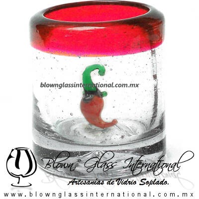 Tequilero Cilíndrico con Chile y Borde de Color Rojo, Fábrica de Vidrio Soplado Artesanal, made in México - Blown Glass Factory Store Tonala, Handcraft, Handmade.