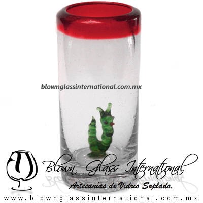 Tequilero Cilíndrico con Gusanito y Borde de Color Rojo, Fábrica de Vidrio Soplado Artesanal, made in México - Blown Glass Factory Store Tonala, Handcraft, Handmade.