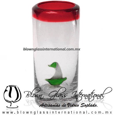 Tequilero Cilíndrico con Barco Velero y Borde de Color Rojo, Fábrica de Vidrio Soplado Artesanal, made in México - Blown Glass Factory Store Tonala, Handcraft, Handmade. Tequilero Cilíndrico con Barco Velero y Borde de Color Rojo, Fábrica de Vidrio Soplado Artesanal, made in México - Blown Glass Factory Store Tonala, Handcraft, Handmade.