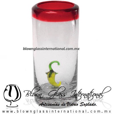 Tequilero Cilíndrico con Chile y Borde de Color Rojo, Fábrica de Vidrio Soplado Artesanal, made in México - Blown Glass Factory Store Tonala, Handcraft, Handmade.