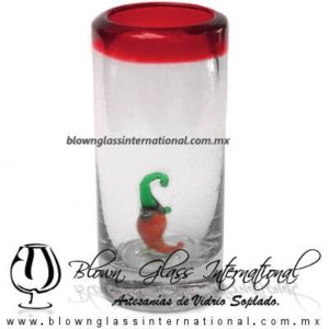 Tequilero Cilíndrico con Chile y Borde de Color Rojo, Fábrica de Vidrio Soplado Artesanal, made in México - Blown Glass Factory Store Tonala, Handcraft, Handmade.