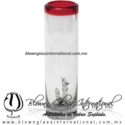Tequilero Cilíndrico con Gusanito y Borde de Color Rojo, Fábrica de Vidrio Soplado Artesanal, made in México - Blown Glass Factory Store Tonala, Handcraft, Handmade.