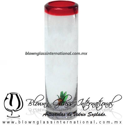 Tequilero Cilíndrico con Agave-Rancherito y Borde de Color Rojo. Fábrica de Vidrio Soplado Artesanal, made in México - Blown Glass Factory Store Tonala, Handcraft, Handmade.