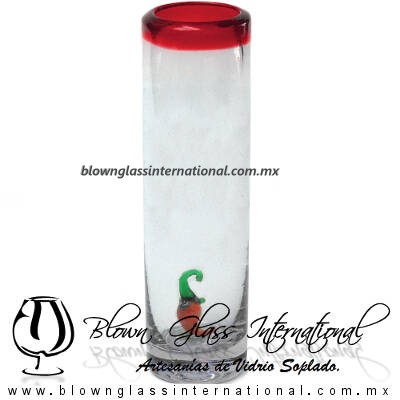 Tequilero Cilíndrico con Chile y Borde de Color Rojo, Fábrica de Vidrio Soplado Artesanal, made in México - Blown Glass Factory Store Tonala, Handcraft, Handmade.