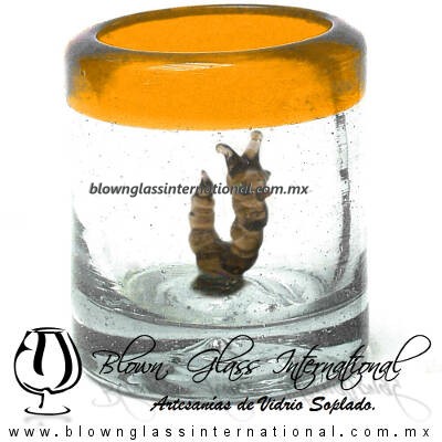 Tequilero Cilíndrico con Gusanito y Borde de Color Naranja, Fábrica de Vidrio Soplado Artesanal, made in México - Blown Glass Factory Store Tonala, Handcraft, Handmade.