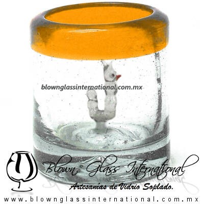 Tequilero Cilíndrico con Gusanito y Borde de Color Naranja, Fábrica de Vidrio Soplado Artesanal, made in México - Blown Glass Factory Store Tonala, Handcraft, Handmade.