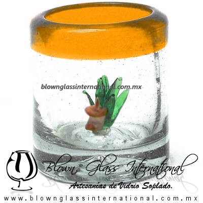 Tequilero Cilíndrico con Agave-Rancherito y Borde de Color Naranja. Fábrica de Vidrio Soplado Artesanal, made in México - Blown Glass Factory Store Tonala, Handcraft, Handmade.