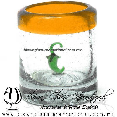 Tequilero Cilíndrico con Chile y Borde de Color Naranja, Fábrica de Vidrio Soplado Artesanal, made in México - Blown Glass Factory Store Tonala, Handcraft, Handmade.