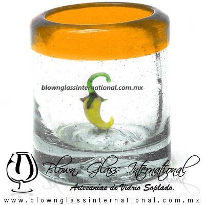 Tequilero Cilíndrico con Chile y Borde de Color Naranja, Fábrica de Vidrio Soplado Artesanal, made in México - Blown Glass Factory Store Tonala, Handcraft, Handmade.