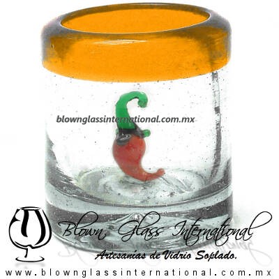 Tequilero Cilíndrico con Chile y Borde de Color Naranja, Fábrica de Vidrio Soplado Artesanal, made in México - Blown Glass Factory Store Tonala, Handcraft, Handmade.