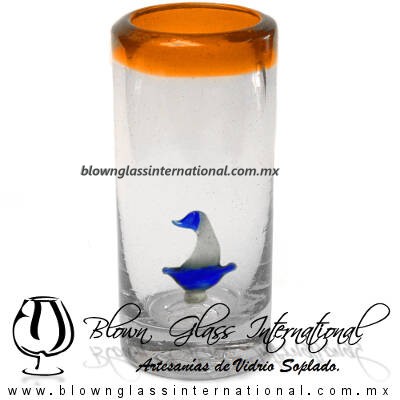 Tequilero Cilíndrico con Barco Velero y Borde de Color Naranja, Fábrica de Vidrio Soplado Artesanal, made in México - Blown Glass Factory Store Tonala, Handcraft, Handmade. Tequilero Cilíndrico con Barco Velero y Borde de Color Naranja, Fábrica de Vidrio Soplado Artesanal, made in México - Blown Glass Factory Store Tonala, Handcraft, Handmade.