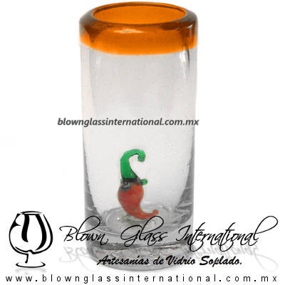 Tequilero Cilíndrico con Chile y Borde de Color Naranja, Fábrica de Vidrio Soplado Artesanal, made in México - Blown Glass Factory Store Tonala, Handcraft, Handmade.